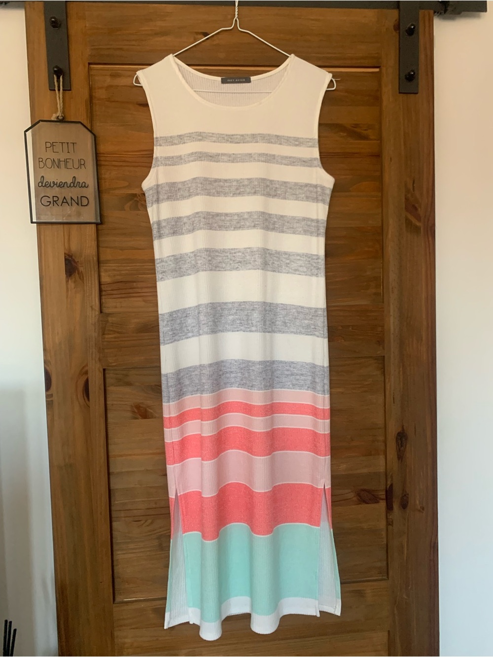 Sleeveless Striped Knit Midi Dress in White, Gray, pink & Mint by Suzy Shier